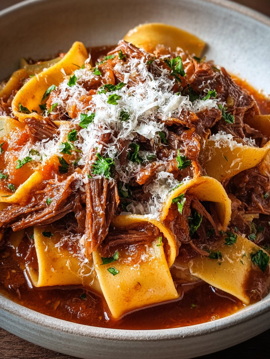 Ein Bild zeigt eine Schüssel mit Pasta und Rindfleisch.