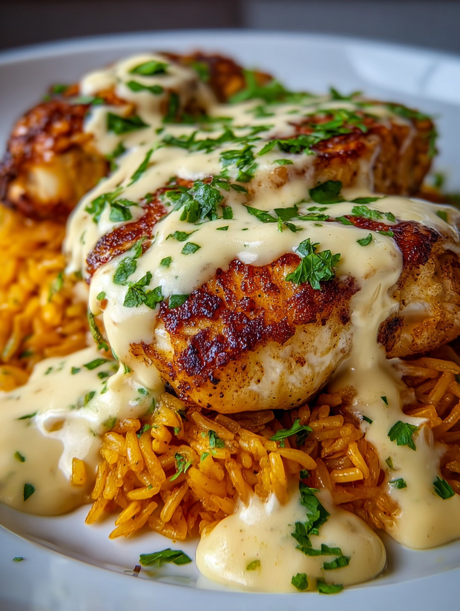 Ein Plate mit gegrillten Hühnchen, die mit Sauce und Kräutern garniert sind.