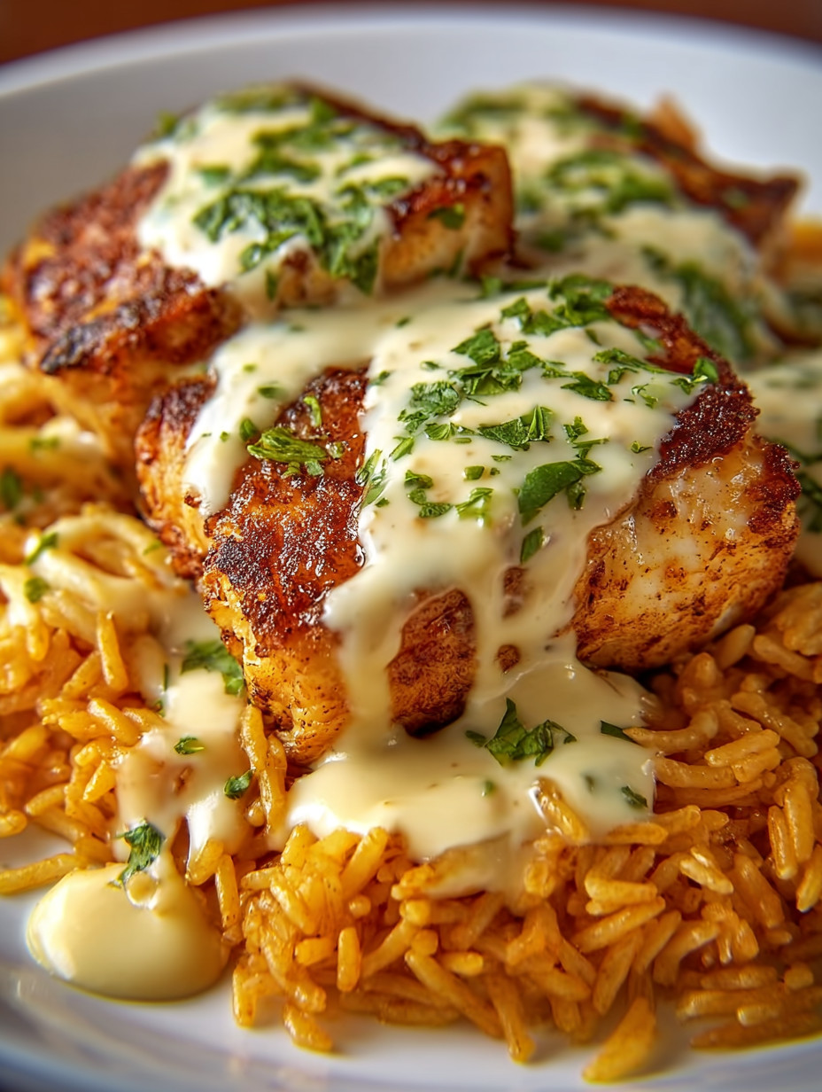 Ein gegrilltes Steak mit Sauce und Rice auf einem Teller.