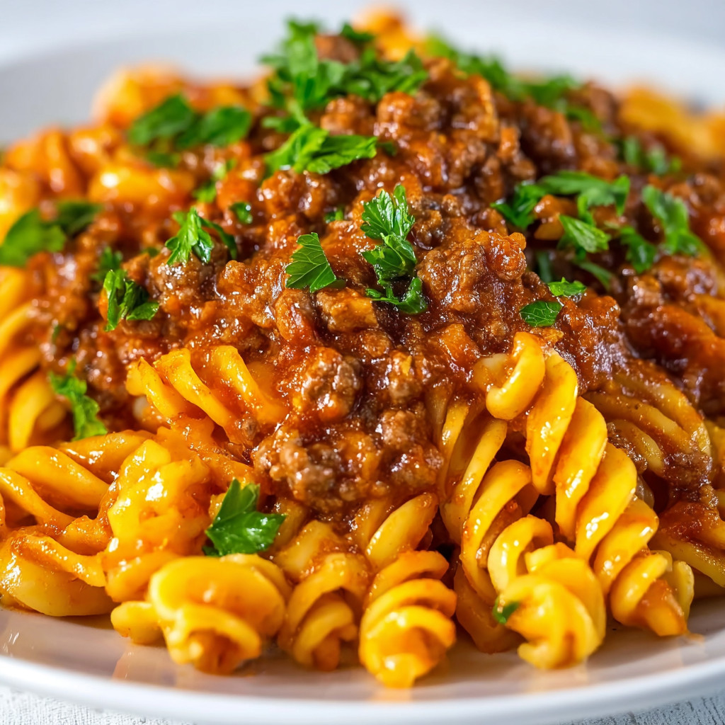 Ein weißer Teller mit einer Mischung aus Pasta und Rindfleisch.