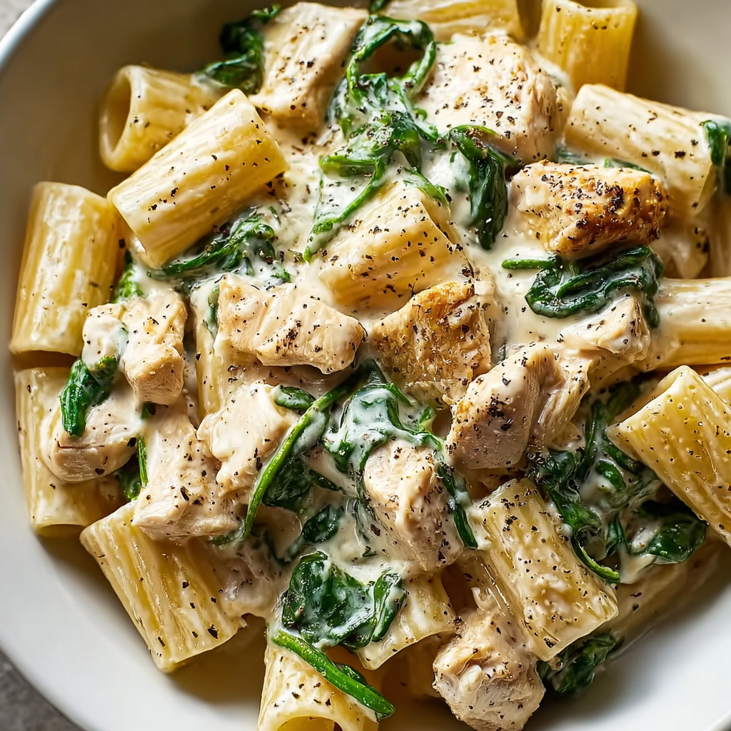 Ein weißer Teller mit Pasta, Chicken und Spinat.