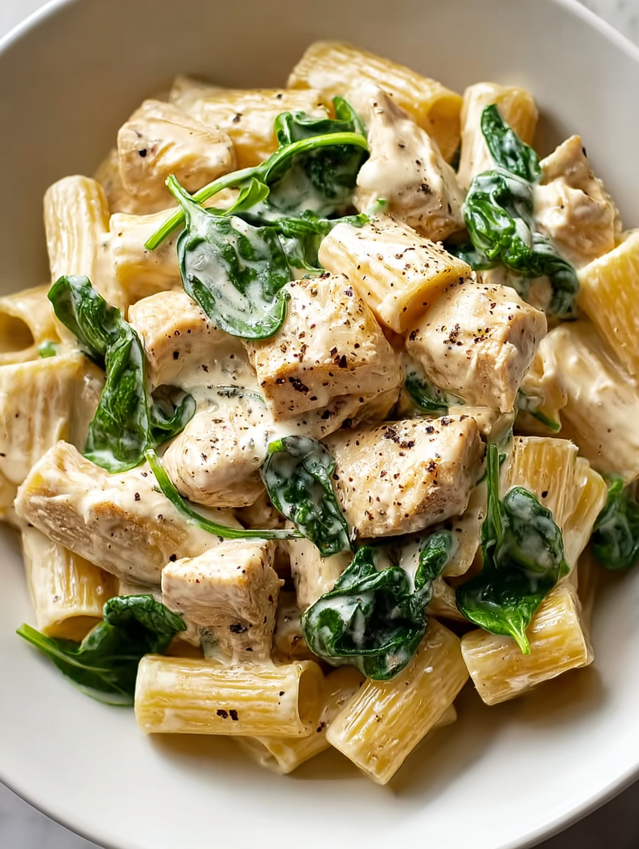 Ein weißer Teller mit Pasta, Chicken und Spinat.