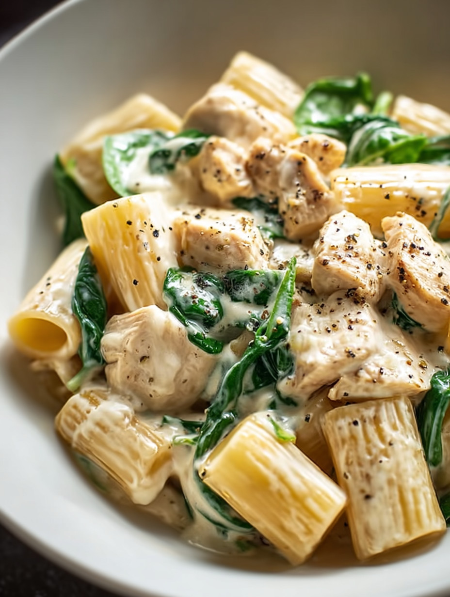 Ein weißer Teller mit Pasta, Chicken und Spinat.