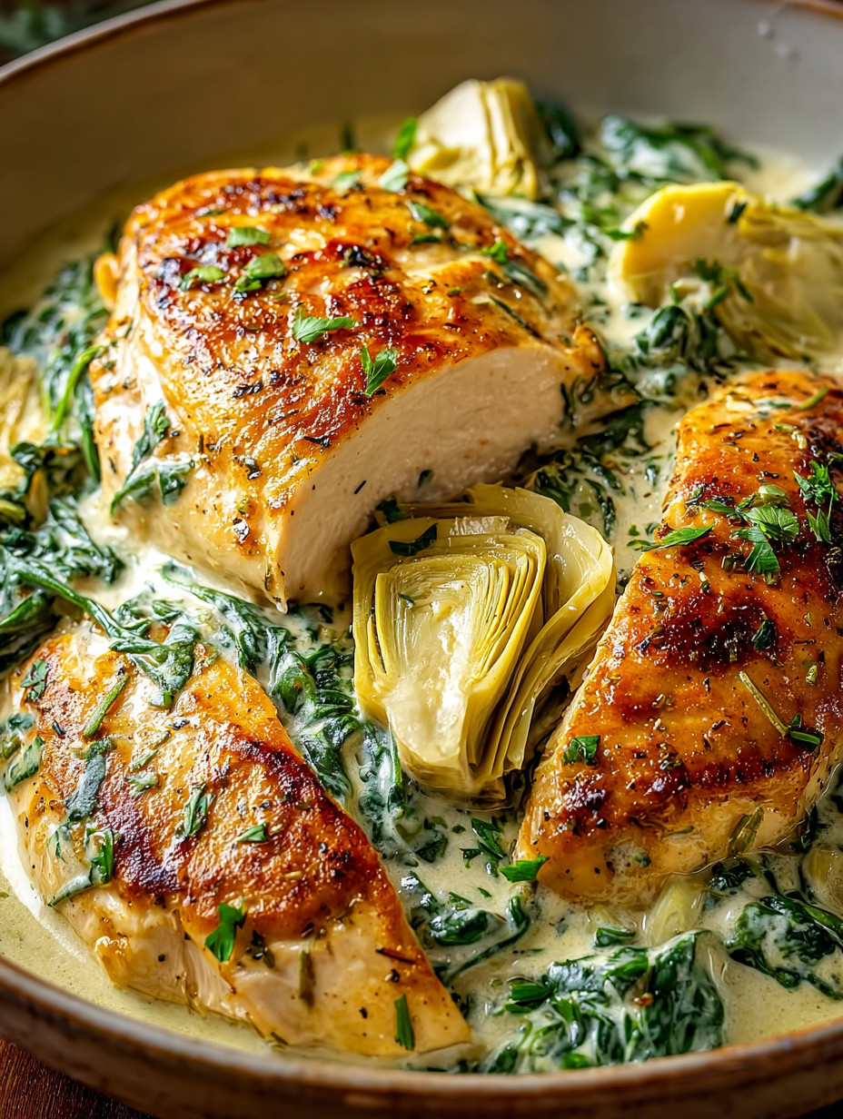 Ein Stück von Chicken mit grünen Zutaten, wie Spinat, in einer Sauce.