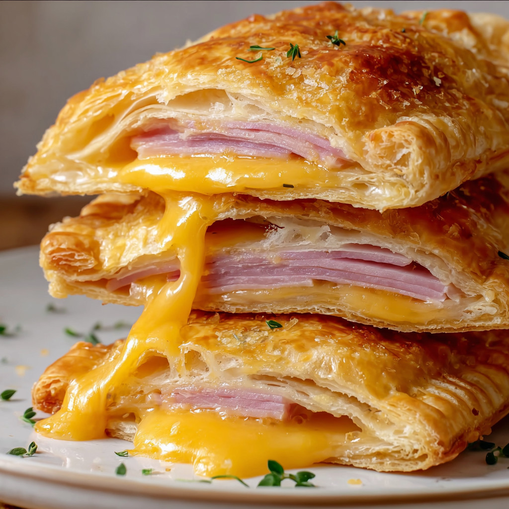 Eine Platte mit drei Scheiben Croissant, die mit Käse und Zwiebeln garniert sind.