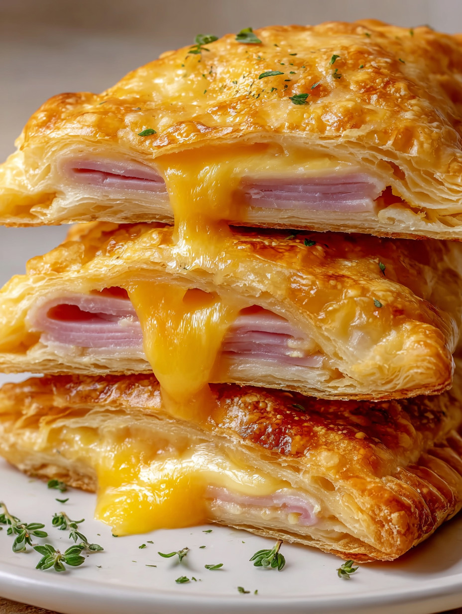 Eine Platte mit drei Scheiben Croissant, die mit Käse und Zwiebeln garniert sind.