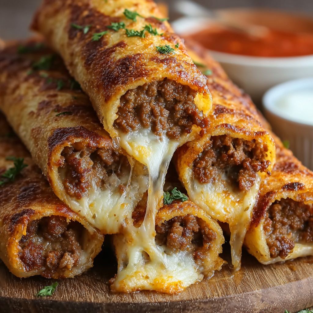 Ein Bild von einer Schüssel mit einer Sauce und einer Platte mit gegrillten Tortillas, die mit Käse und Rindfleisch gefüllt sind.