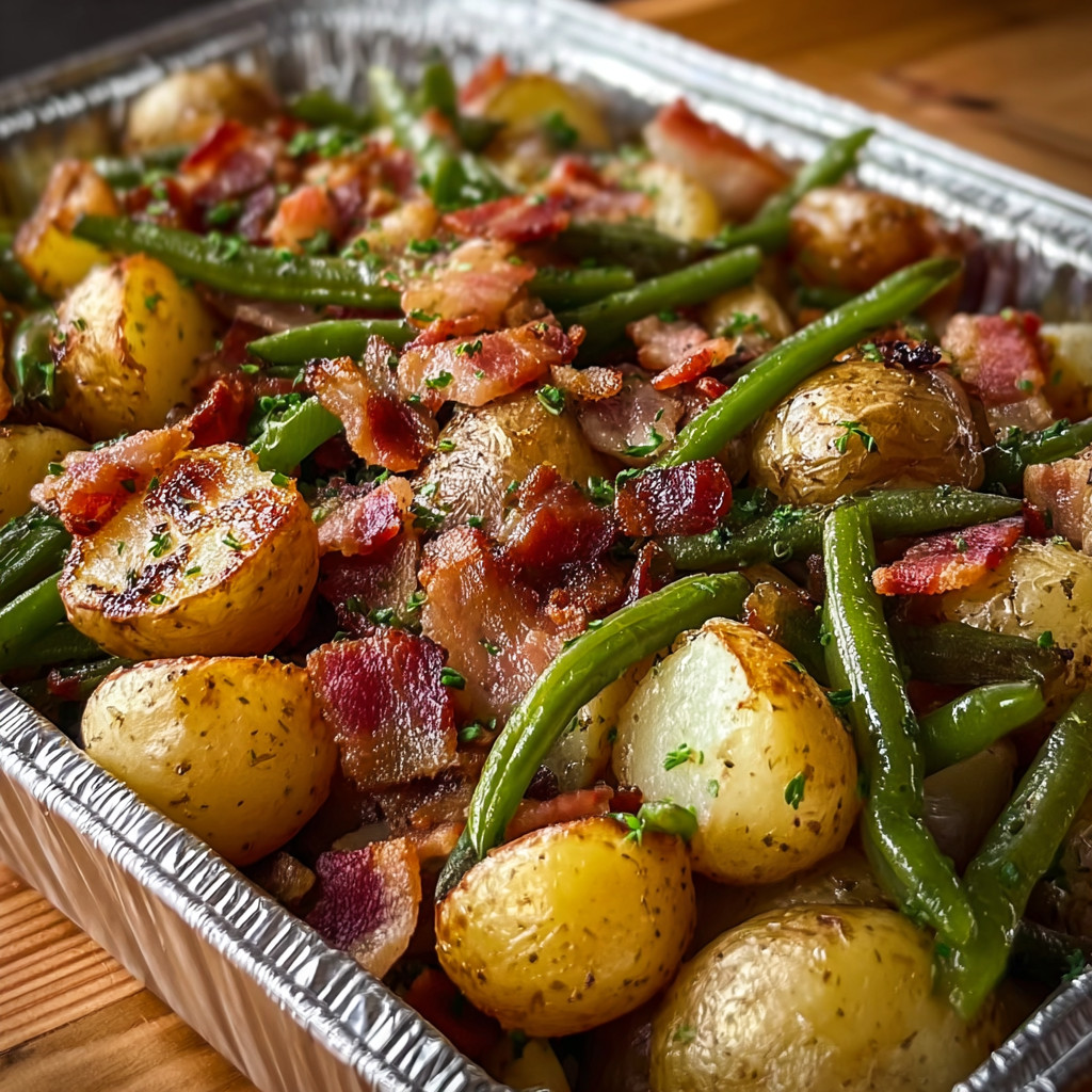 Ein Becher mit Bacon, Gurken und Kartoffeln.