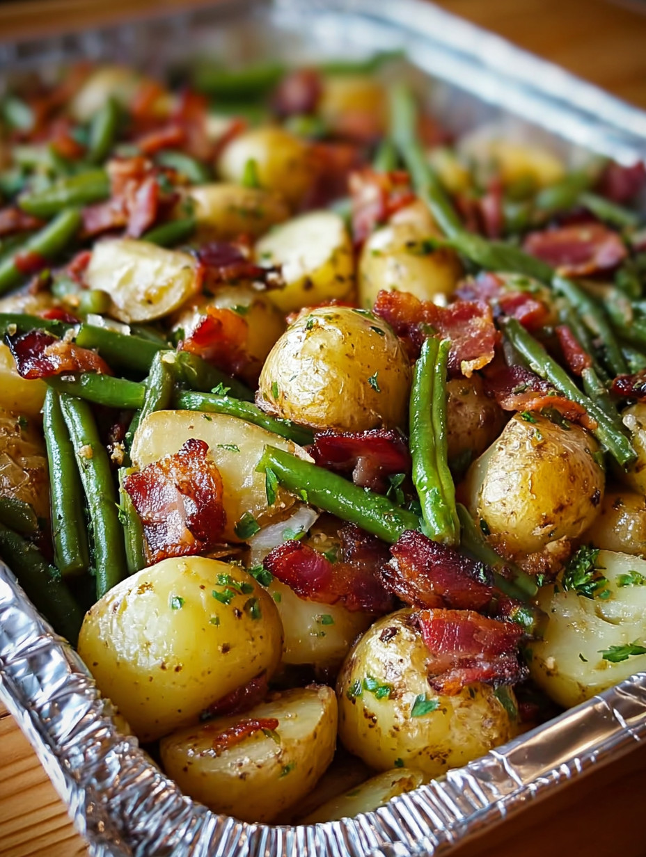 Ein Becher mit Bacon, Kartoffeln und Gurken.