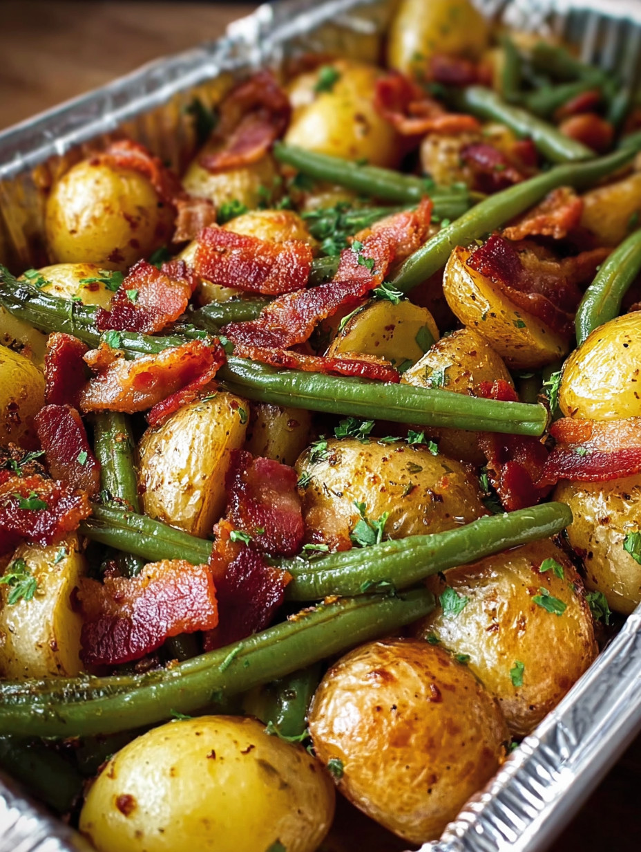 Ein Bild von einer Beilage mit Bacon, Gurken, Kartoffeln und Bohnen.