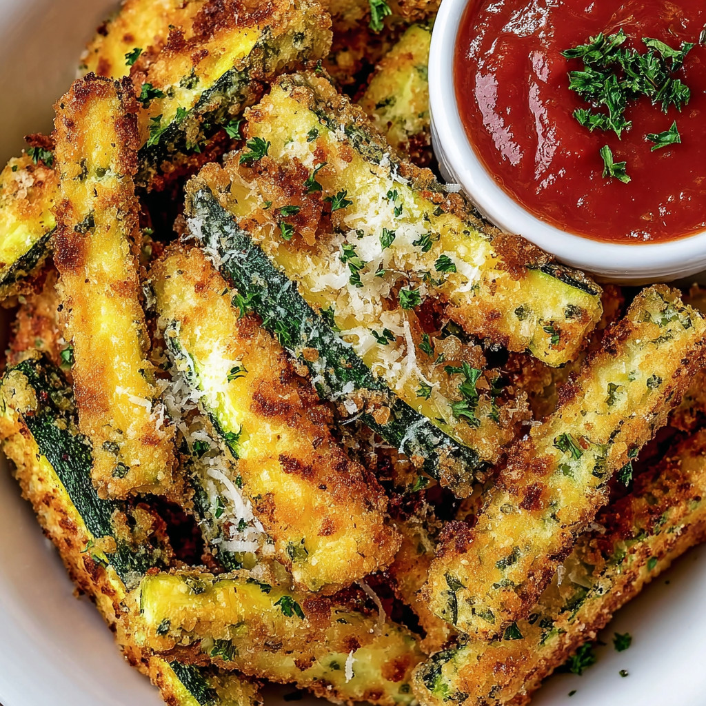 Ein weißer Teller mit Zucchini-Streifen, die mit Parmesan-Käse und Tomatensoße garniert sind.