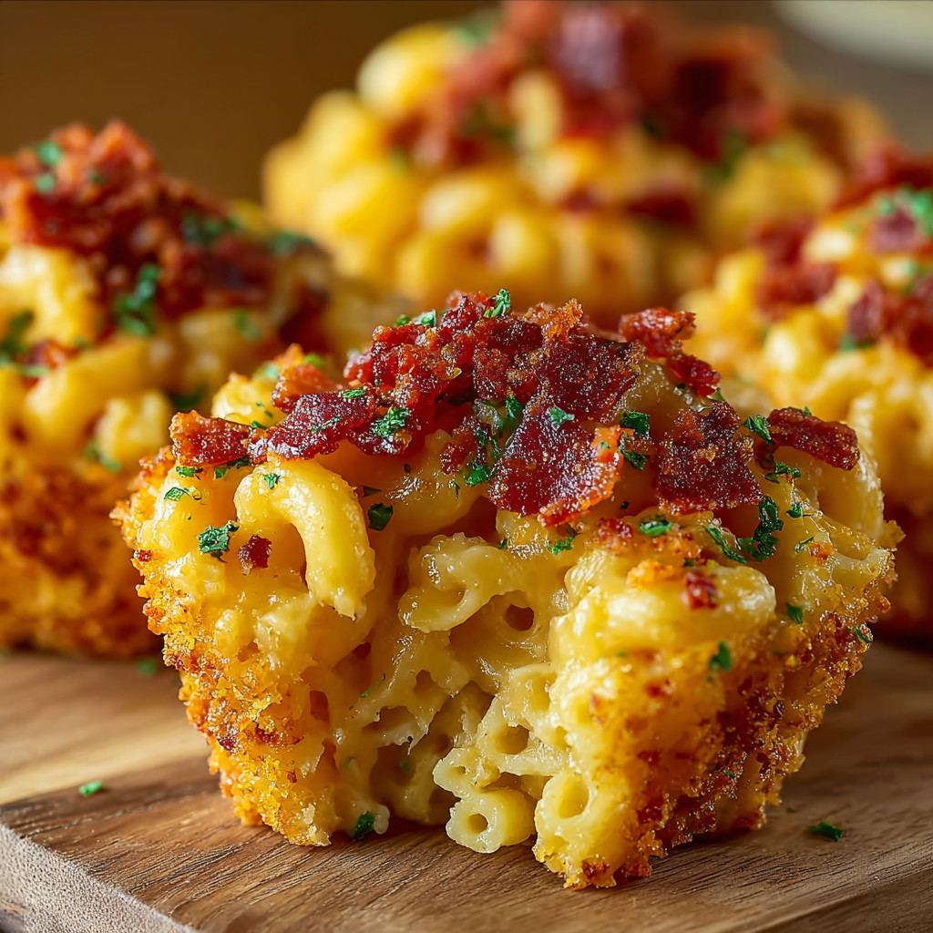 Ein Bacon-Mac-n-Cheese-Konfekt auf einem Holzblock.