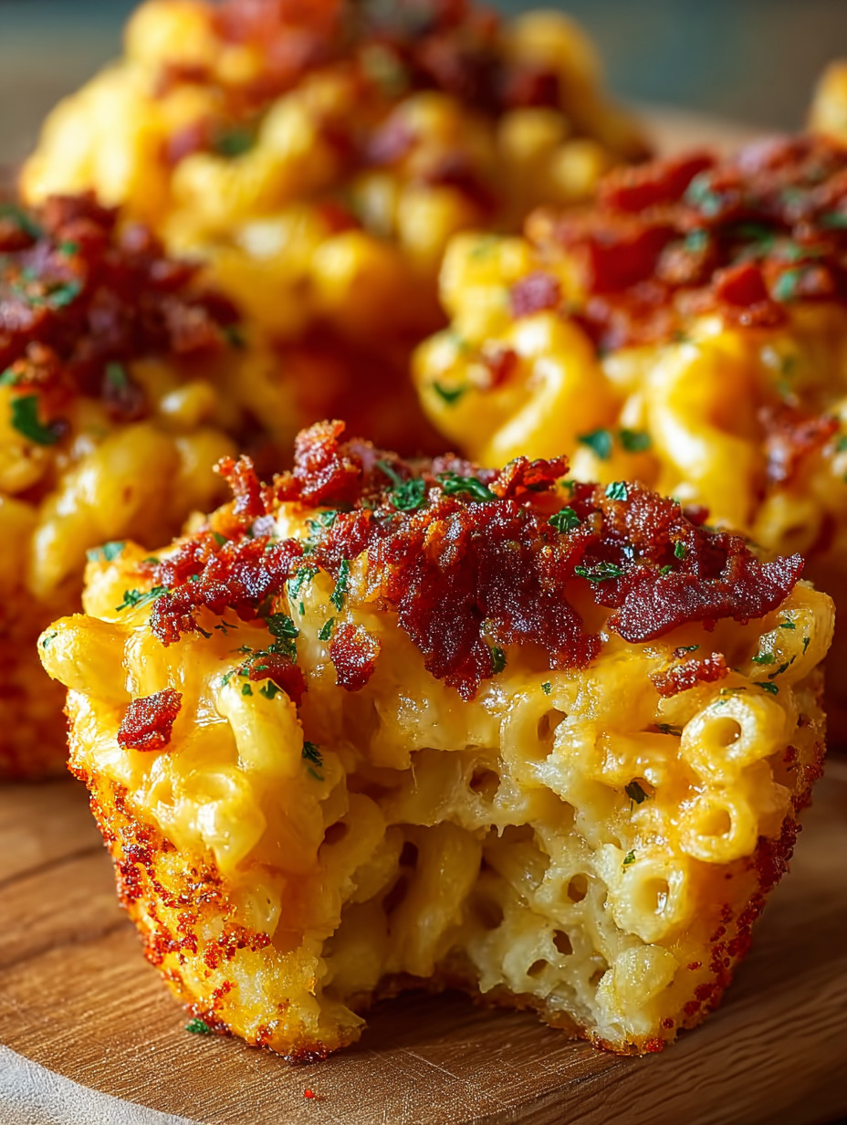 Ein Bacon-Mac-n-Cheese-Muffin mit Bacon-Streifen und grünen Zwiebeln.