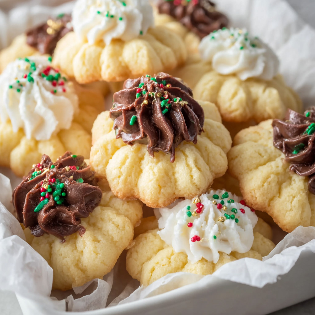 Ein weißer Becher mit weißen und grünen Cookies, die mit Schokolade und Schokoladenglasur garniert sind.