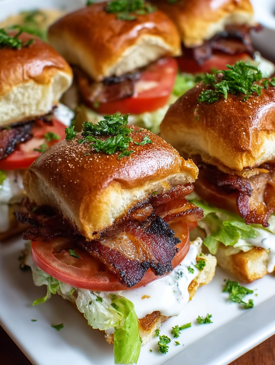 Eine Platte mit sechs Bacon-Burgern, die mit Tomaten und Lettuce garniert sind.