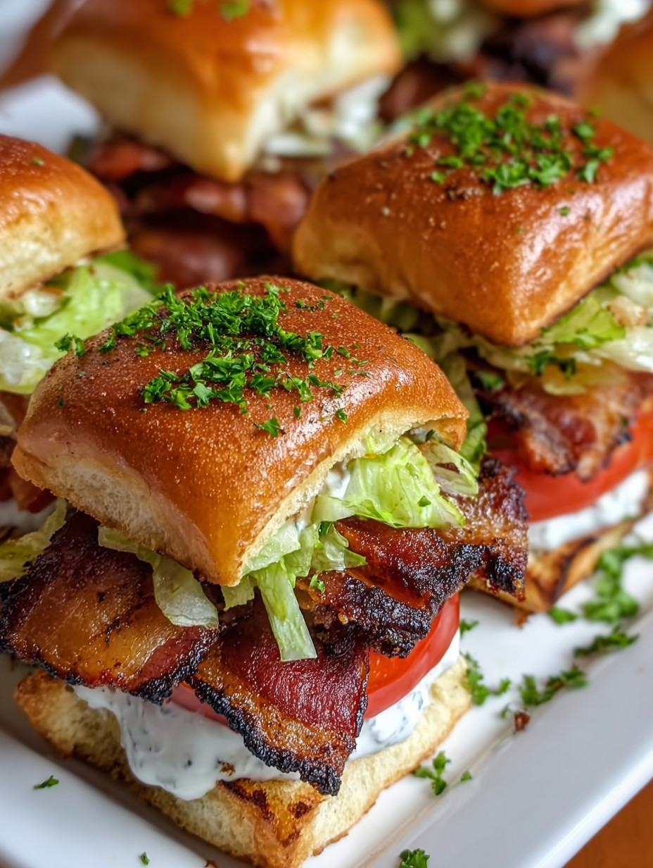 Eine Platte mit verschiedenen Bacon-Sandwiches, die mit Tomaten und Zwiebeln garniert sind.