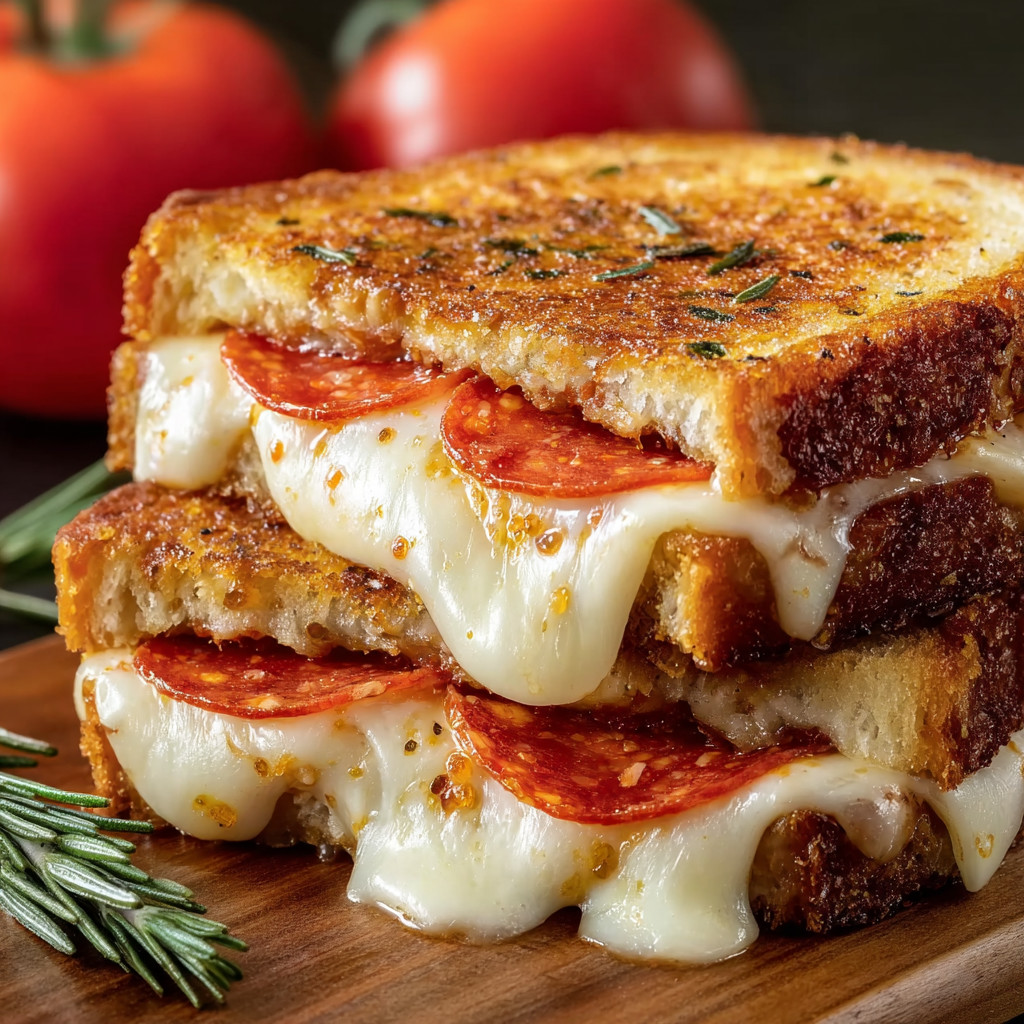 Eine Schicht aus Tomaten, Mozzarella und Basilikum auf einem Holzbrett.