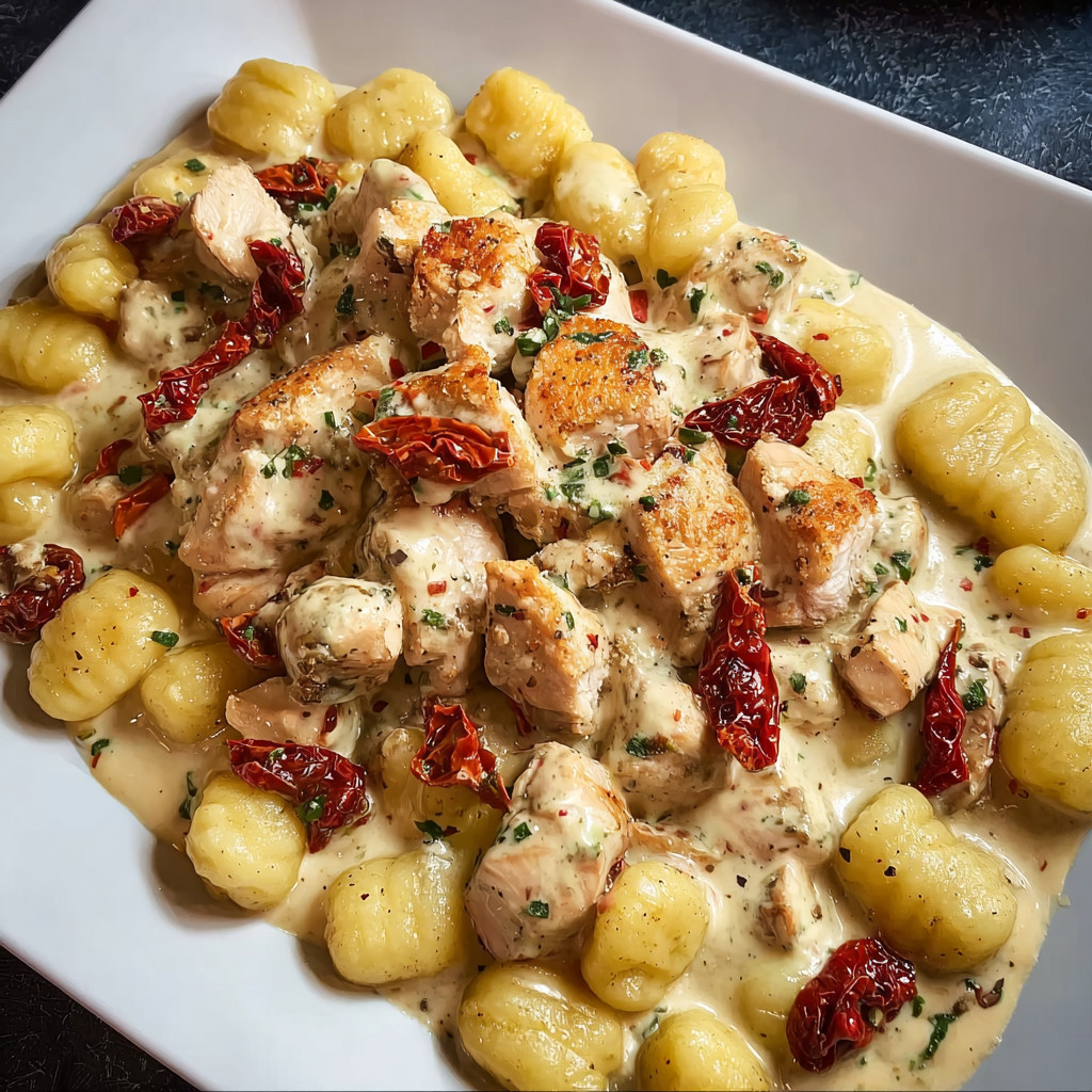 Ein weißer Teller mit einer Mischung aus Pasta, Käse und Gemüse, darunter auch Kartoffeln.