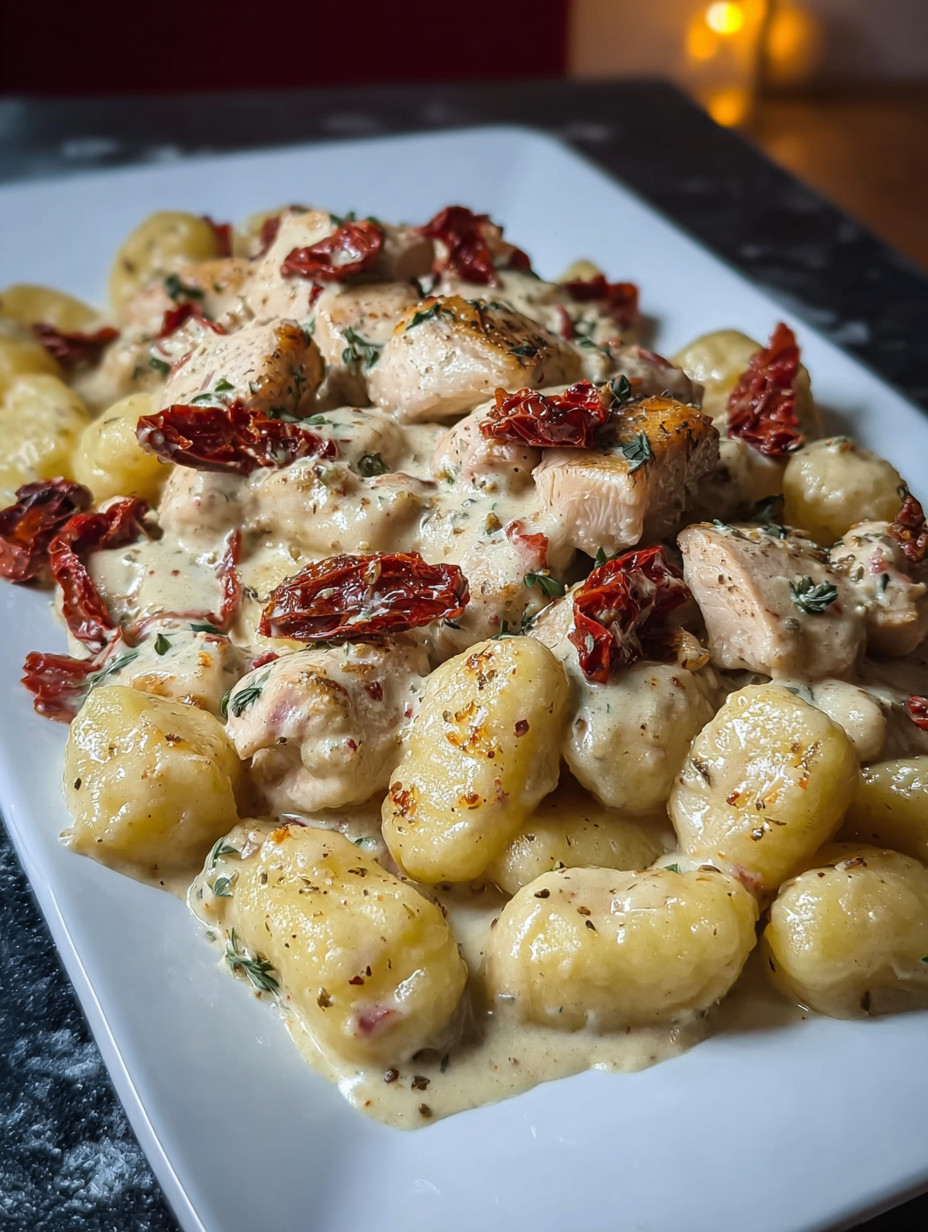 Eine Platte mit Pasta, Chicken und Tomaten.