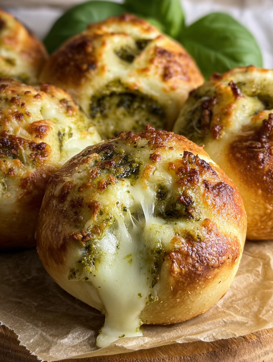 Eine Gruppe von knusprigen, grünen Pizzabällchen mit Käse und Spinat.