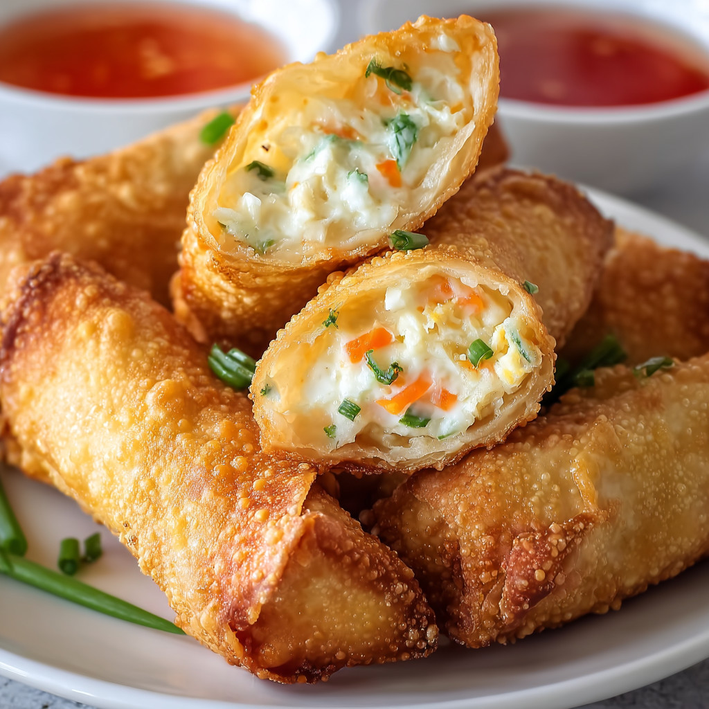 Ein weißer Teller mit einer Platte mit Eggrolls auf ihm.