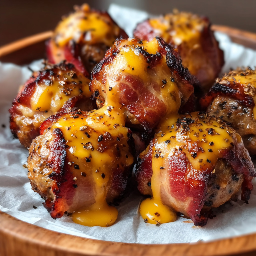 Ein Boden mit Bacon-Wrapped Meatballs auf einem Boden.