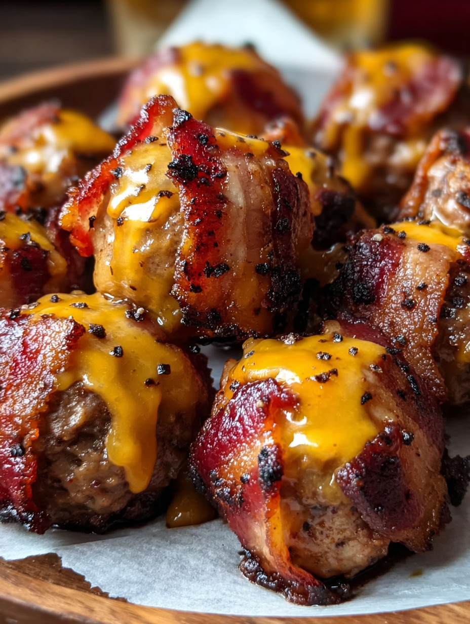 Eine Platte mit Bacon-Wrapped Meatballs, die mit Käse und Senf garniert sind.