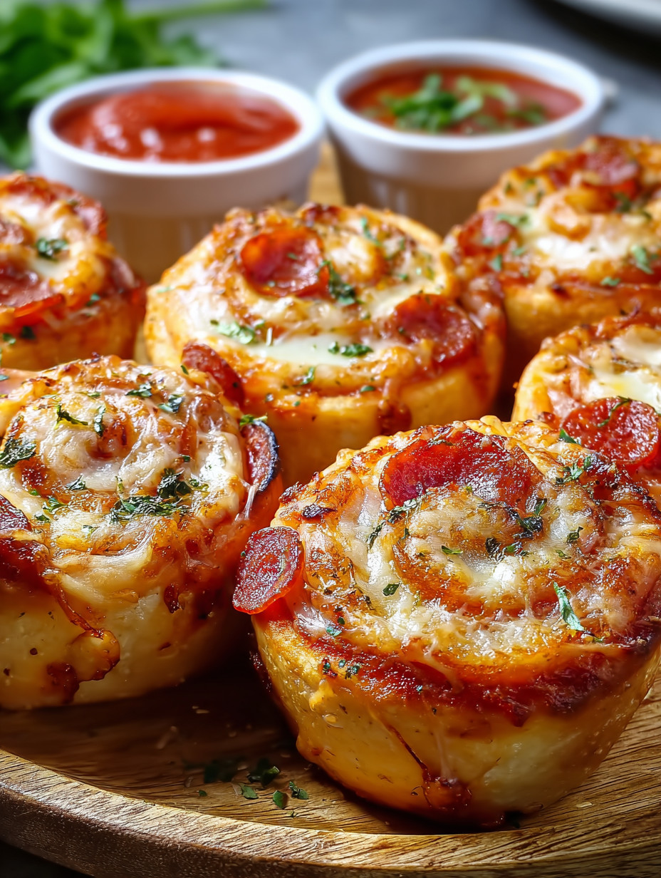 Eine Gruppe von sechs Pizza-Knödel auf einem Tisch, die mit Tomatensoße und Käse garniert sind.