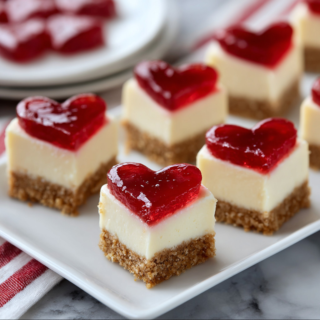 Eine Platte mit 12 Cheesecake-Heartchen, die mit Raspberry-Sauce und Keks garniert sind.