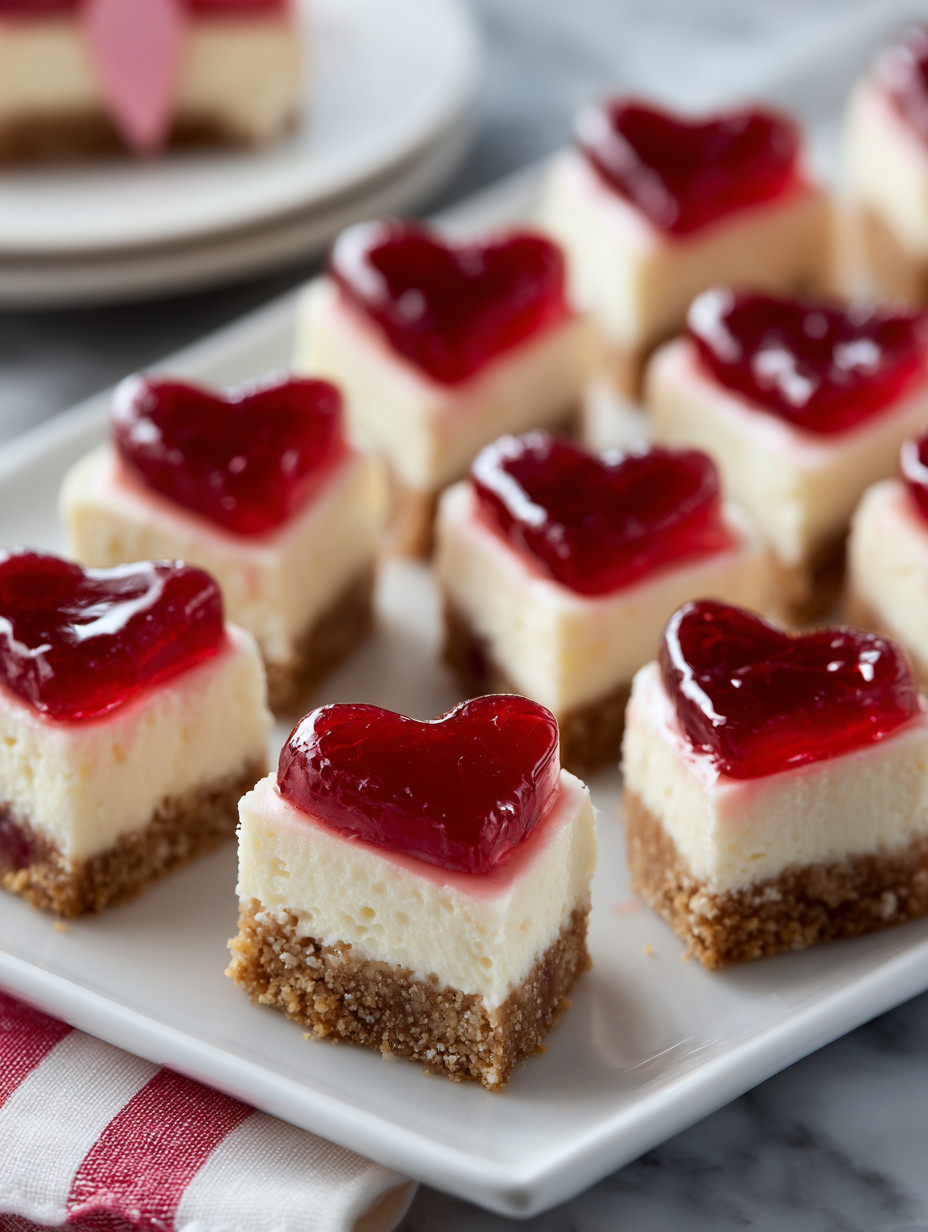 Eine Platte mit 12 Cheesecake-Heartchen, die mit Jamm und Keks garniert sind.