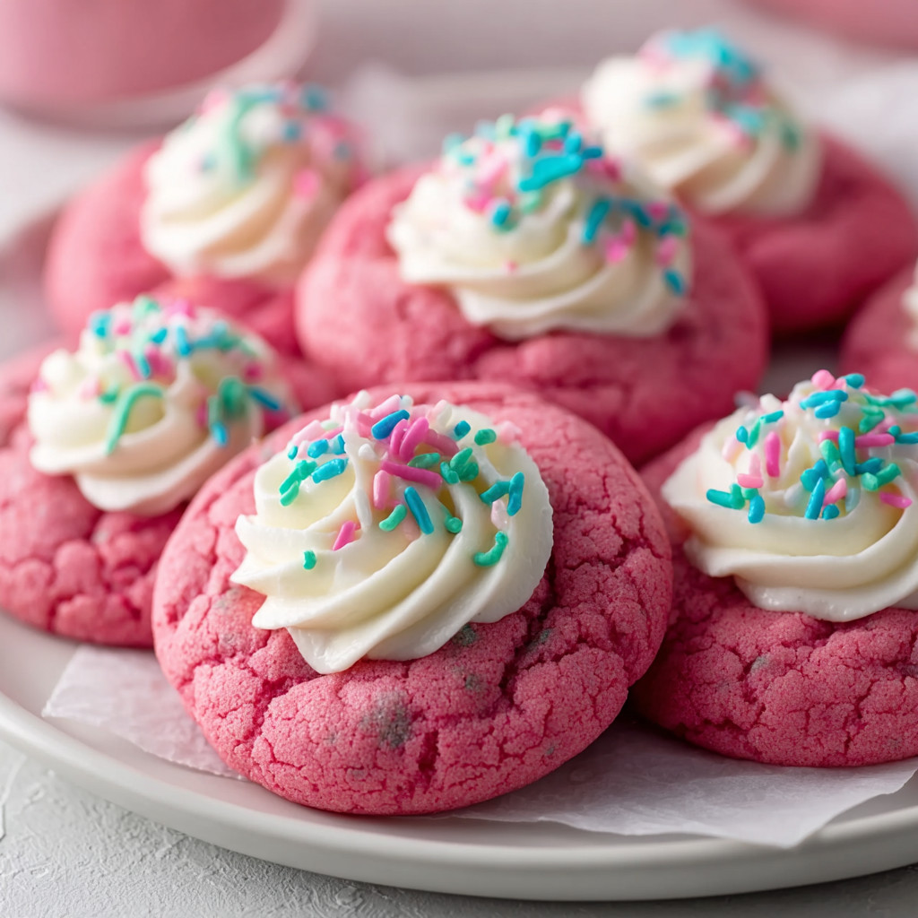 Eine Platte mit Pink-Deserts, die mit Schaumkäse und Schokolade verziert sind.