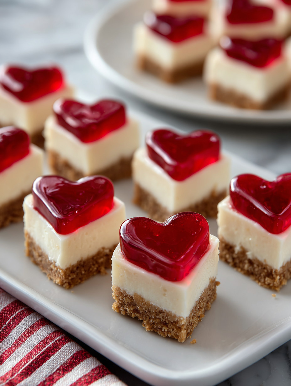 Eine Platte mit 12 Cheesecake-Heartchen, die mit roter Zitrone garniert sind.