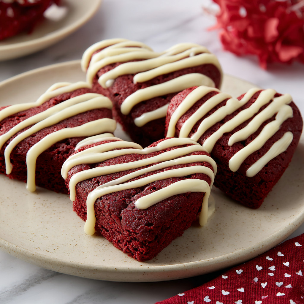 Eine Platte mit vier Stücken von Red Velvet Cake, die mit Vanillecreme und Keksstreifen garniert sind.