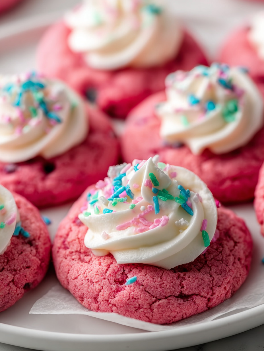 Eine Tasse mit Pink-Rosinen-Cookies, die mit Vanille-Eiscreme und Schokoladengarnelen garniert sind.