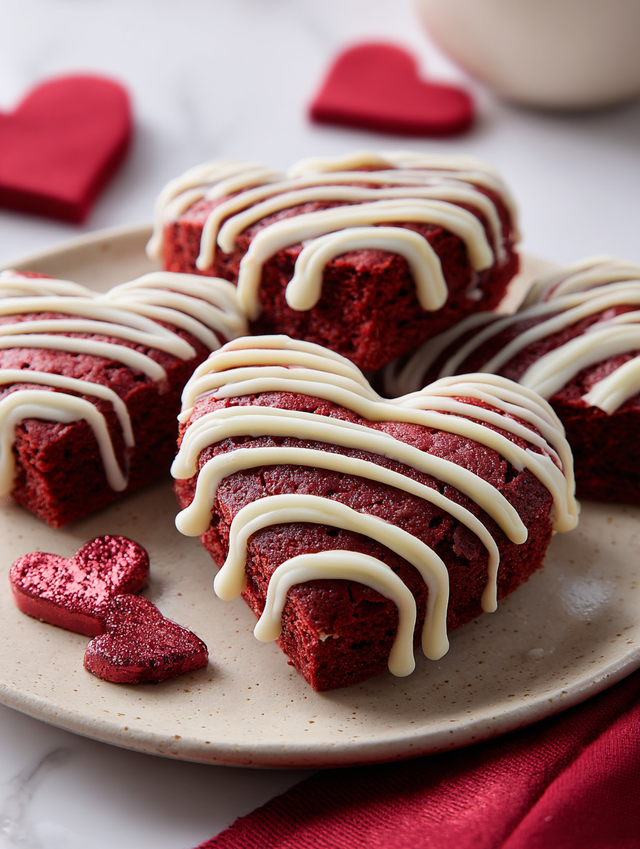 Eine Platte mit roten und weißen Cakes, die mit Schaumstoff und Keks bestrichen sind.
