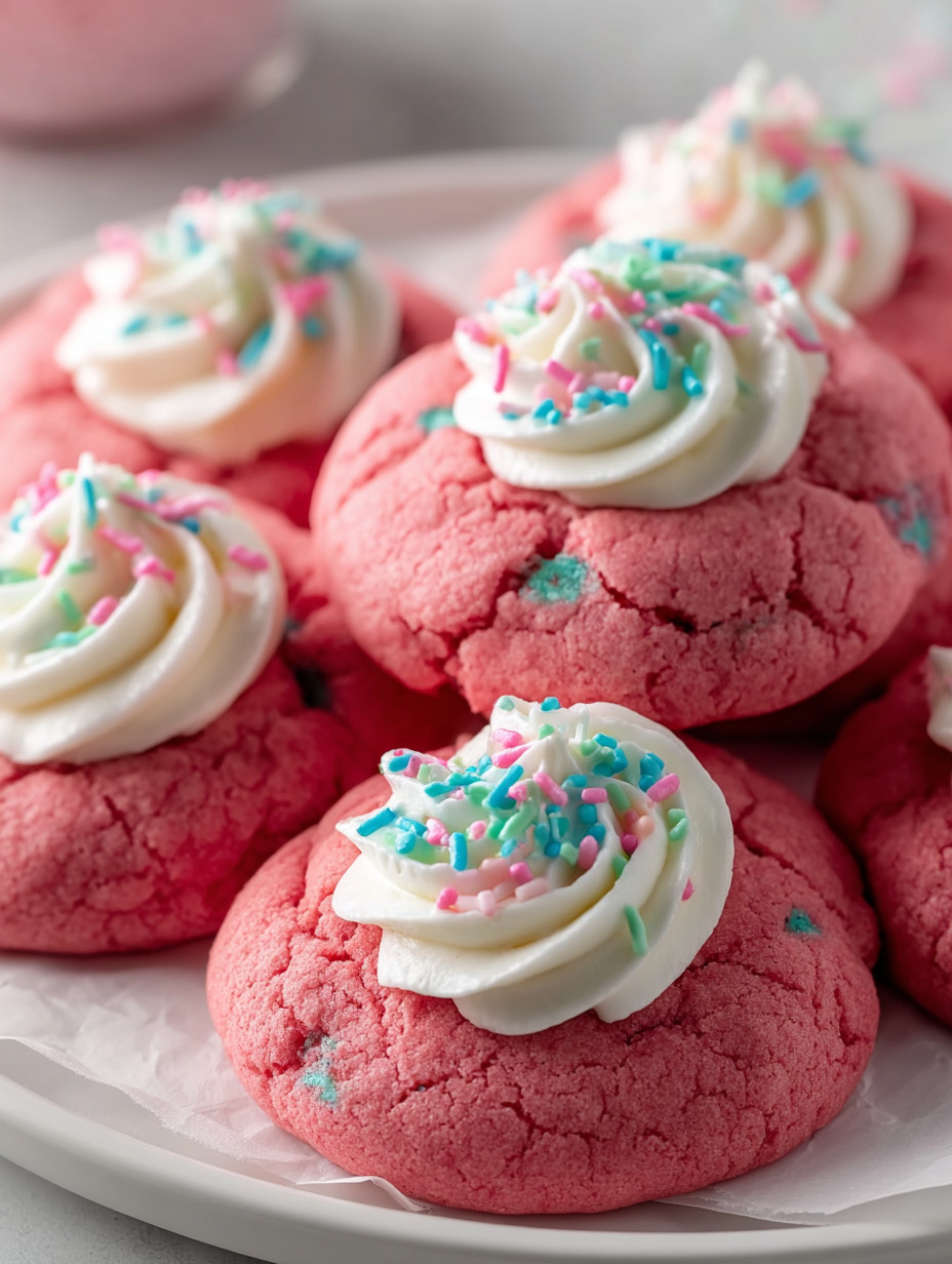 Eine Platte mit sechs Pink-Cookies, die mit Schaumkäse und Schokoladenglasur geschmückt sind.