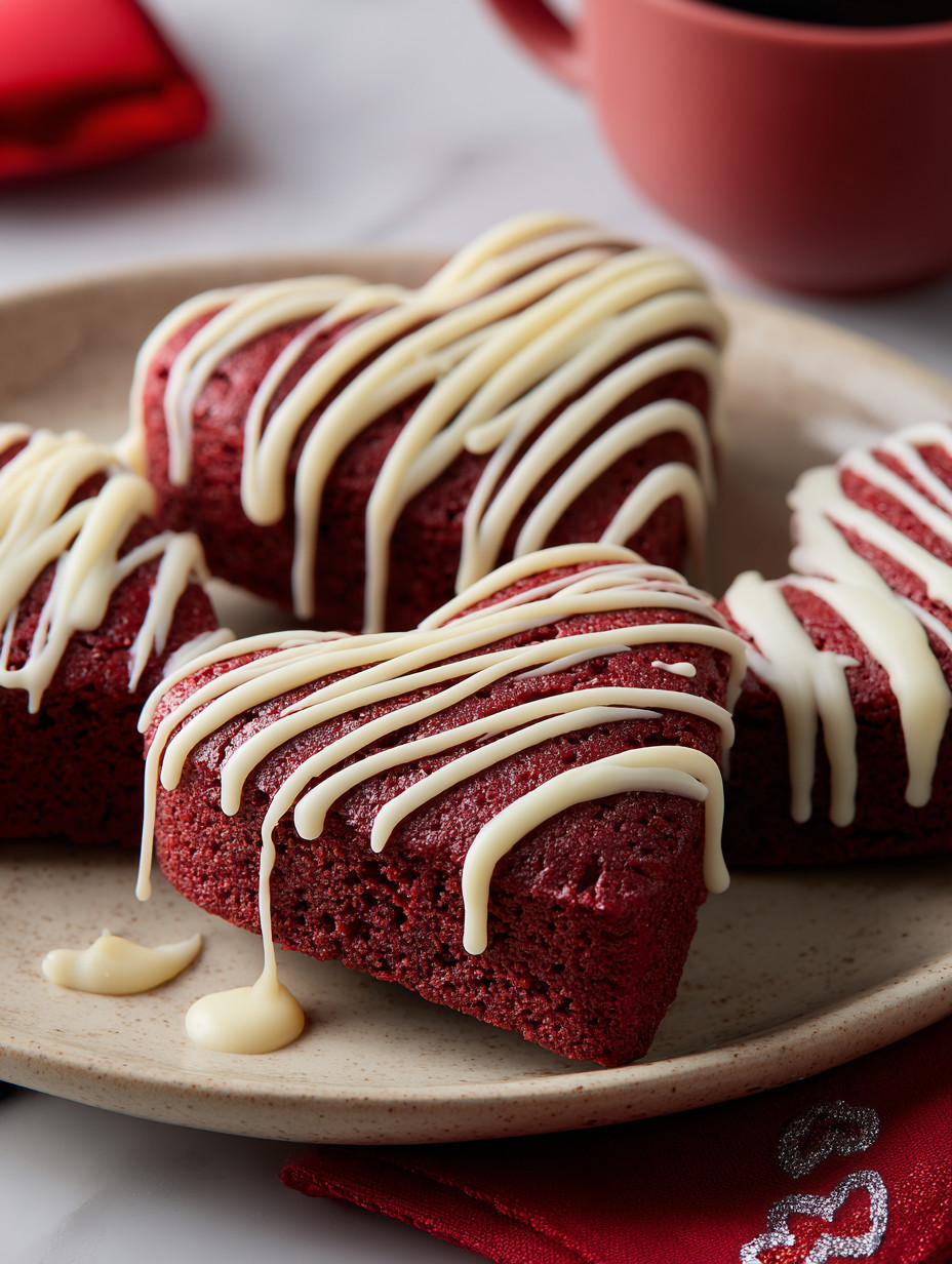 Eine Platte mit roten und weißen Desserts, die mit Schokoladenglasur und Schokoladenglasur zubereitet sind.