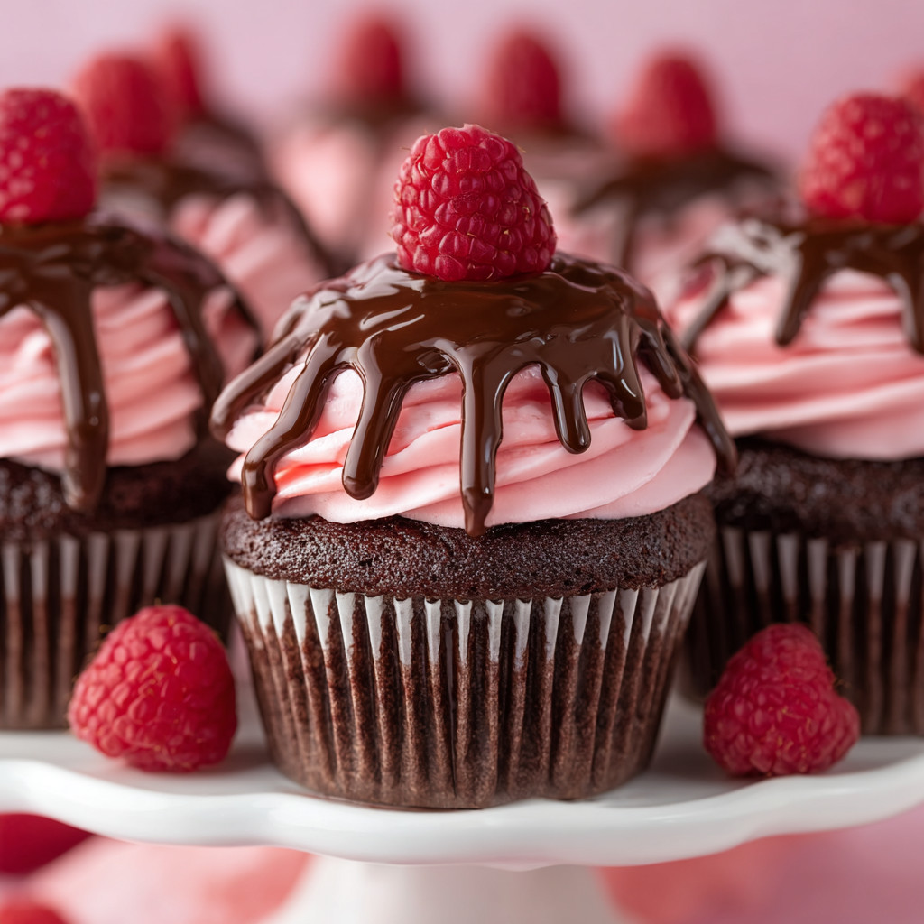 Eine Platte mit sechs Cupcakes, die mit Raspberry-Füllung und Schokoladenglasur garniert sind.
