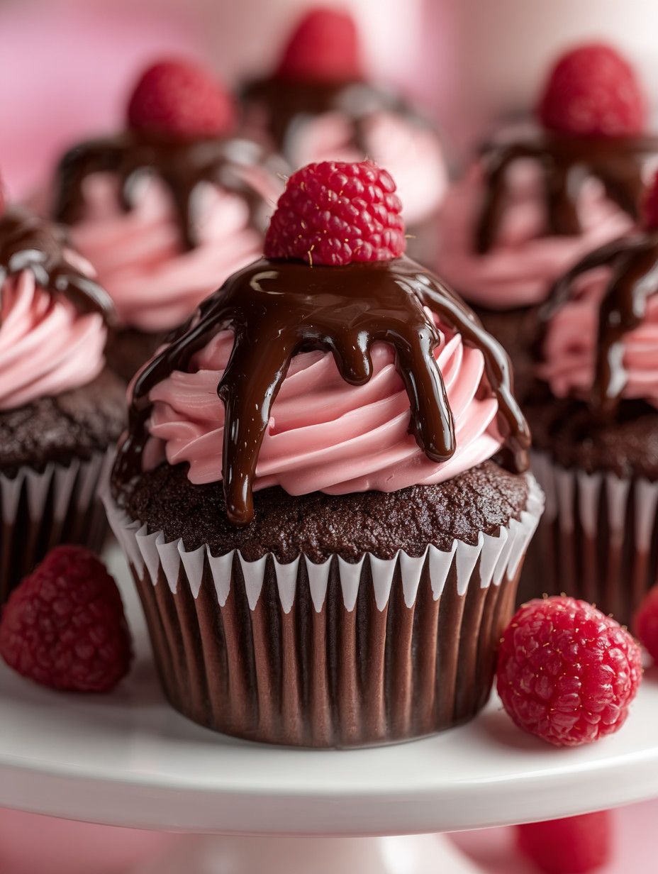 Eine prägnante Bildbeschreibung auf Deutsch lautet: \"Ein Schokoladen-Raspberry-Kuchen mit Raspberry-Fruchtgarnel auf einem weißen Teller.