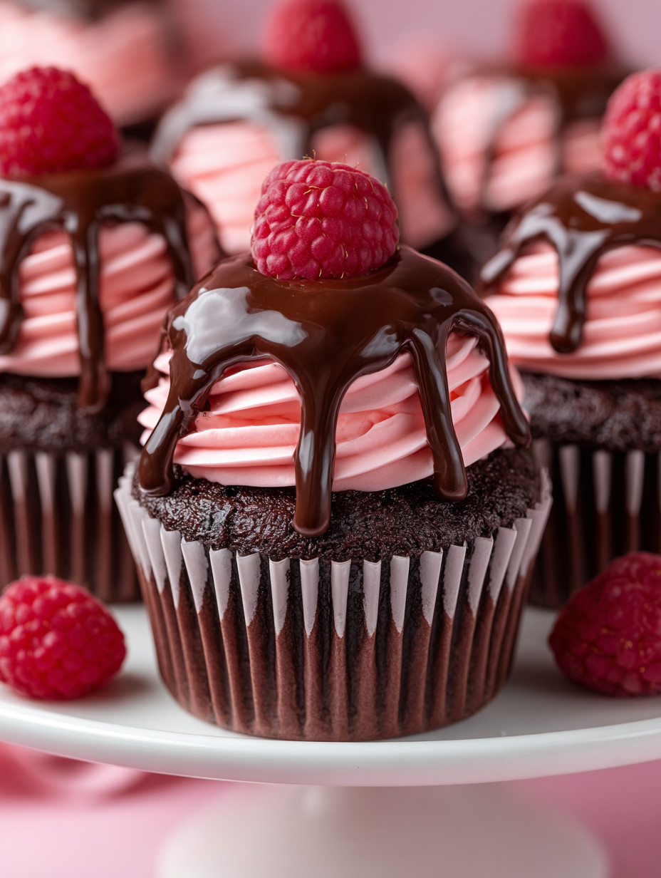 Eine Schokoladencupcake mit Raspberry-Topping auf einem weißen Teller.