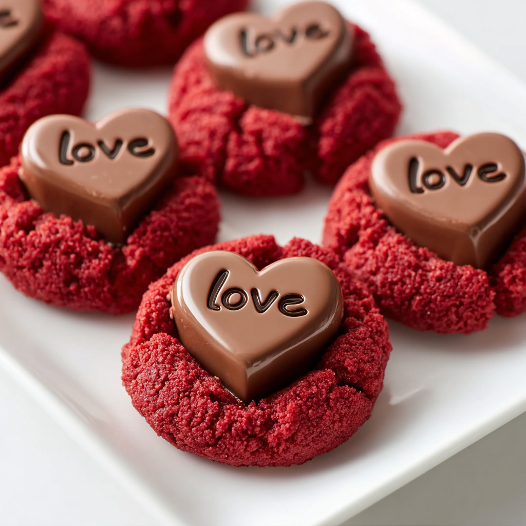 Eine Platte mit roten und weißen Cookies, die mit Schokolade und der Schrift "Love" verziert sind.