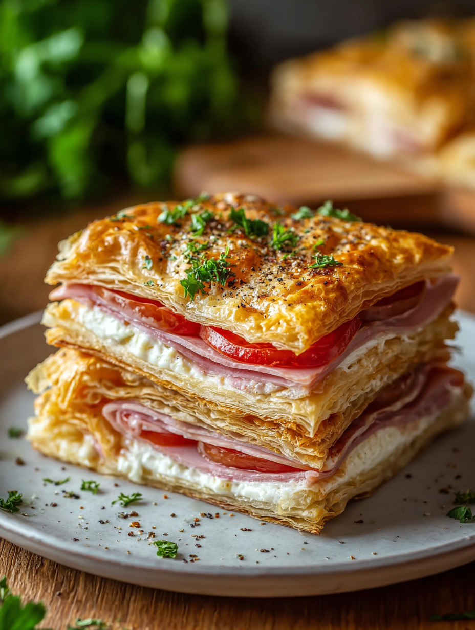 Eine Platte mit drei Sandwiches, die mit Tomaten, Salat und Schinken zubereitet sind.