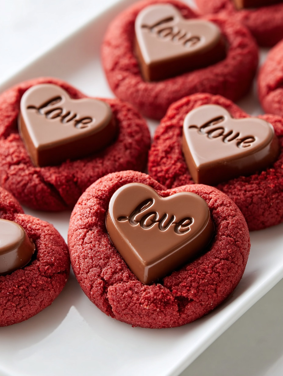 Eine Platte mit roten Hearts, die mit Schokolade gefüllt sind.
