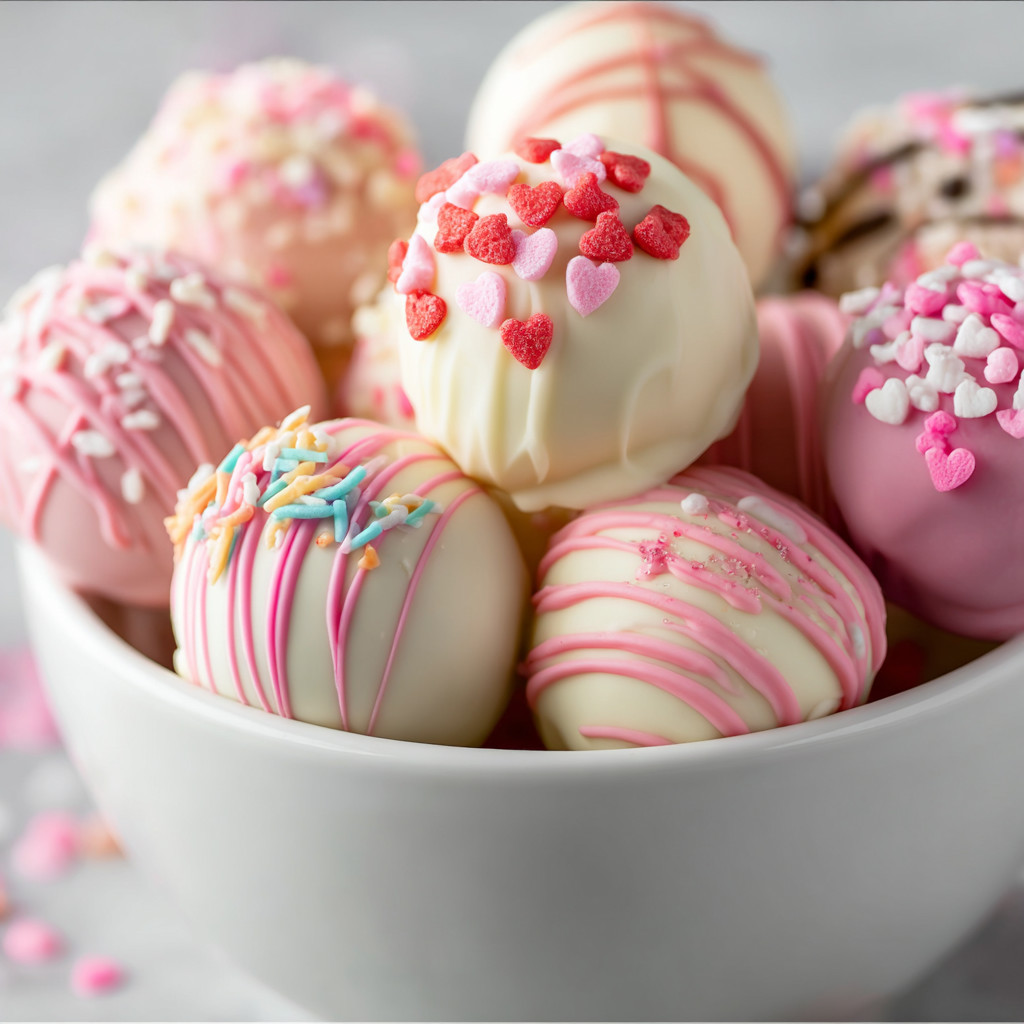 Ein weißer Kugelkuchen mit roten Herzchen und Pink-Konfekt.