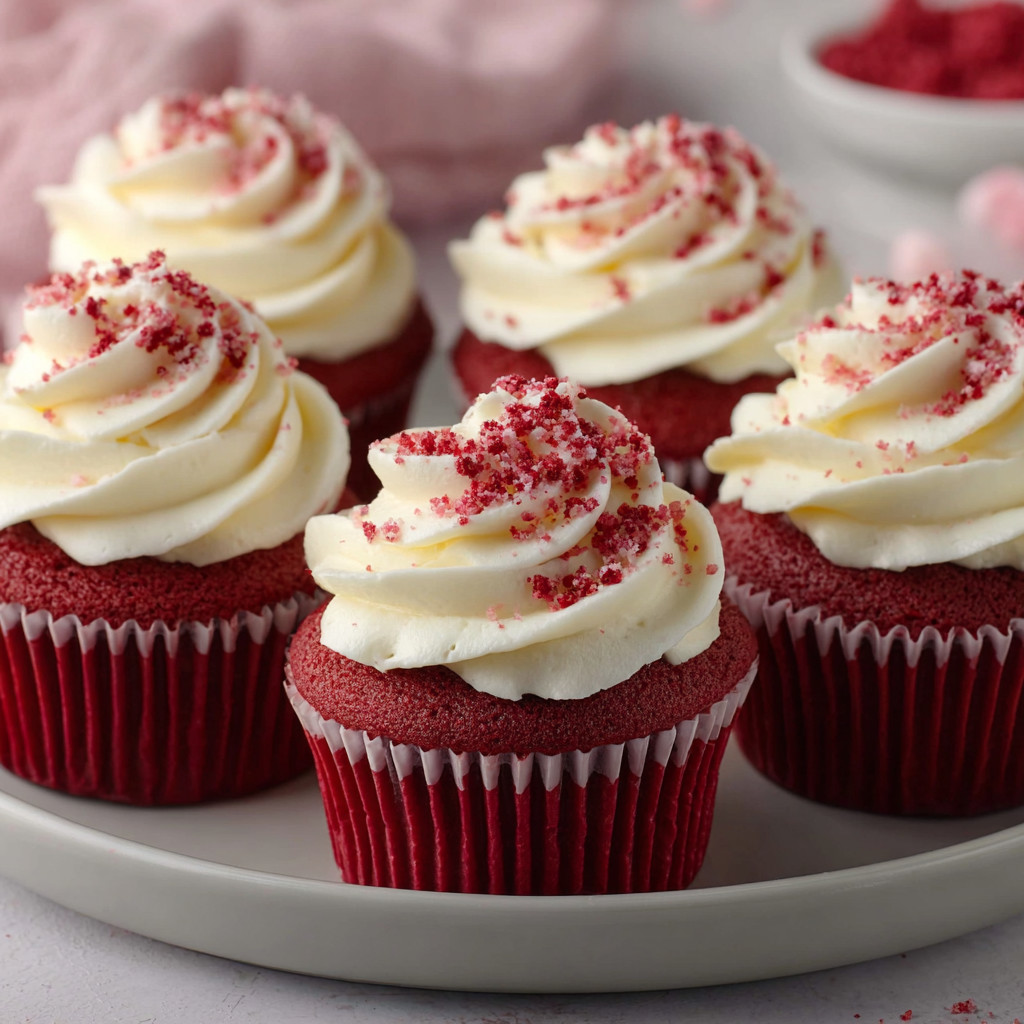 Eine Platte mit sechs roten Cupcakes, die mit weißem Zucker und roten Zuckerkonfektkugeln garniert sind.