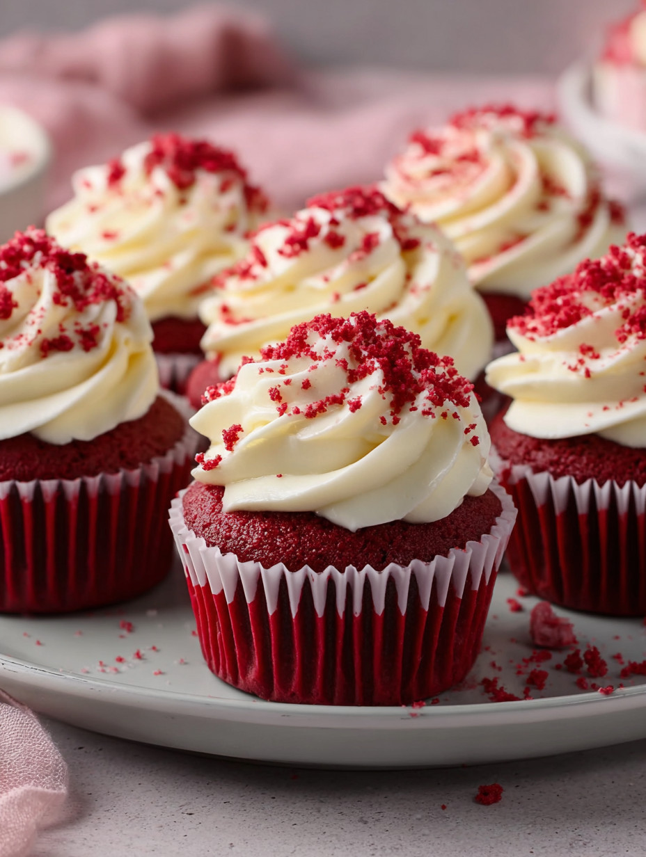Eine Platte mit sechs Red Velvet Cupcakes, die mit weißem Zucker bestäubt sind.