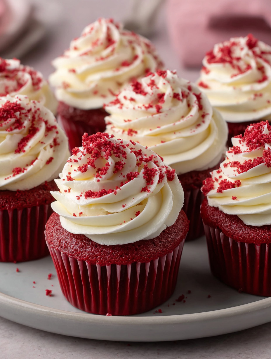 Eine Platte mit roten Cupcakes, die mit weißen Zuckerguss und roten Sprinkles verziert sind.