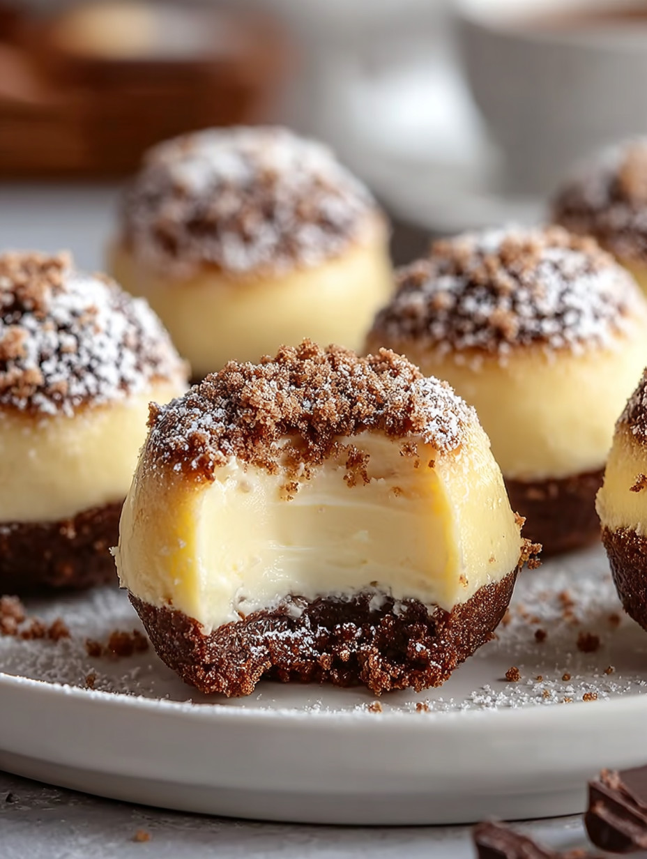 Ein weißer Teller mit sechs weißen Desserts, die mit Schokoladenglasur und Zucker bestreut sind.