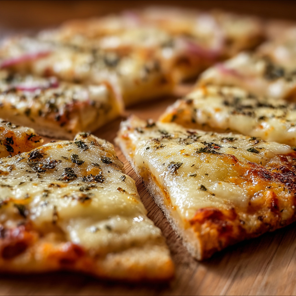 Eine Pizza mit grünen Zutaten auf einem Holzbrett.