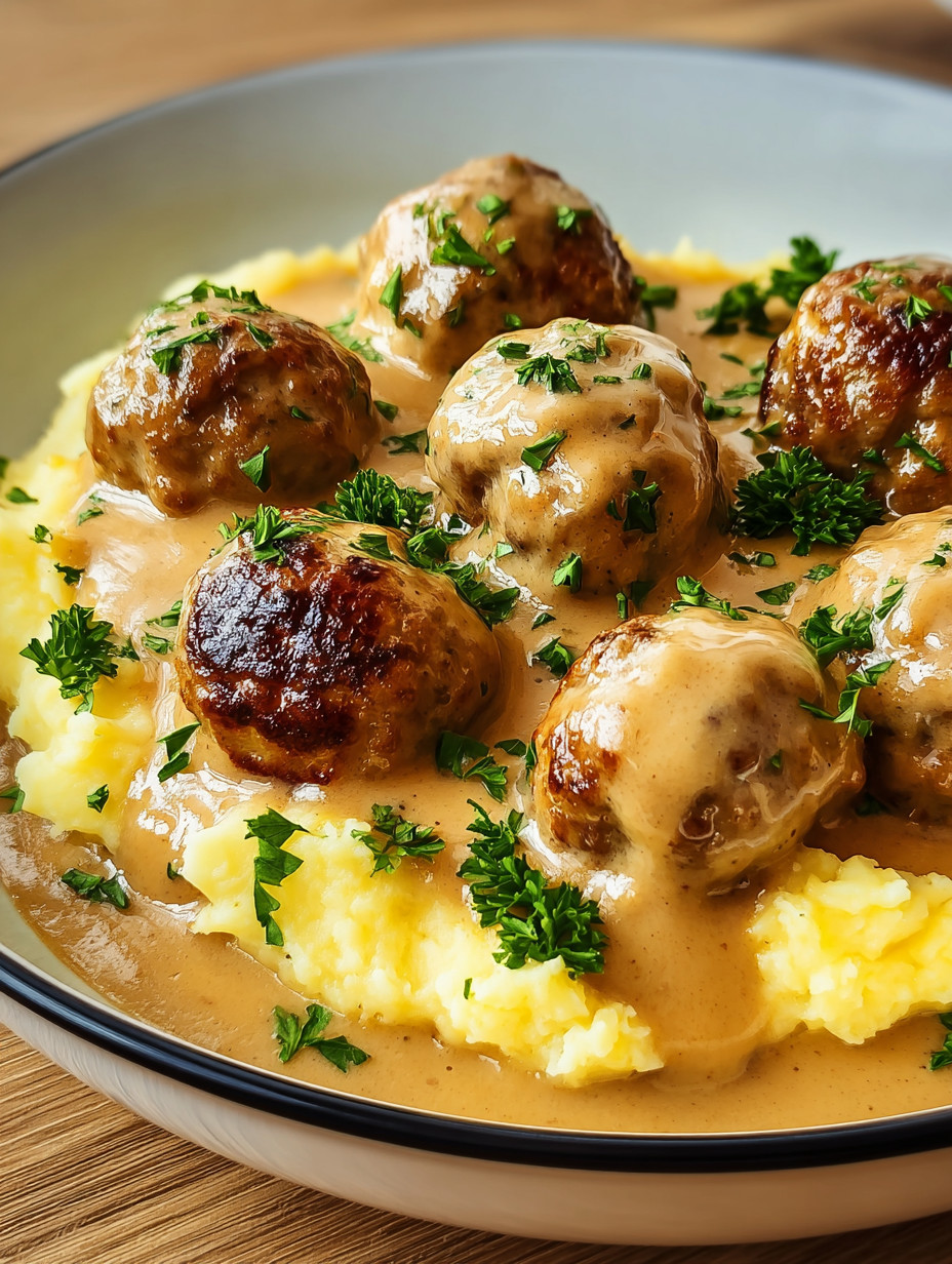 Ein Bild von einer Platte mit gegrillten Würstchen und Kartoffeln, die mit einer Sauce bedeckt sind.